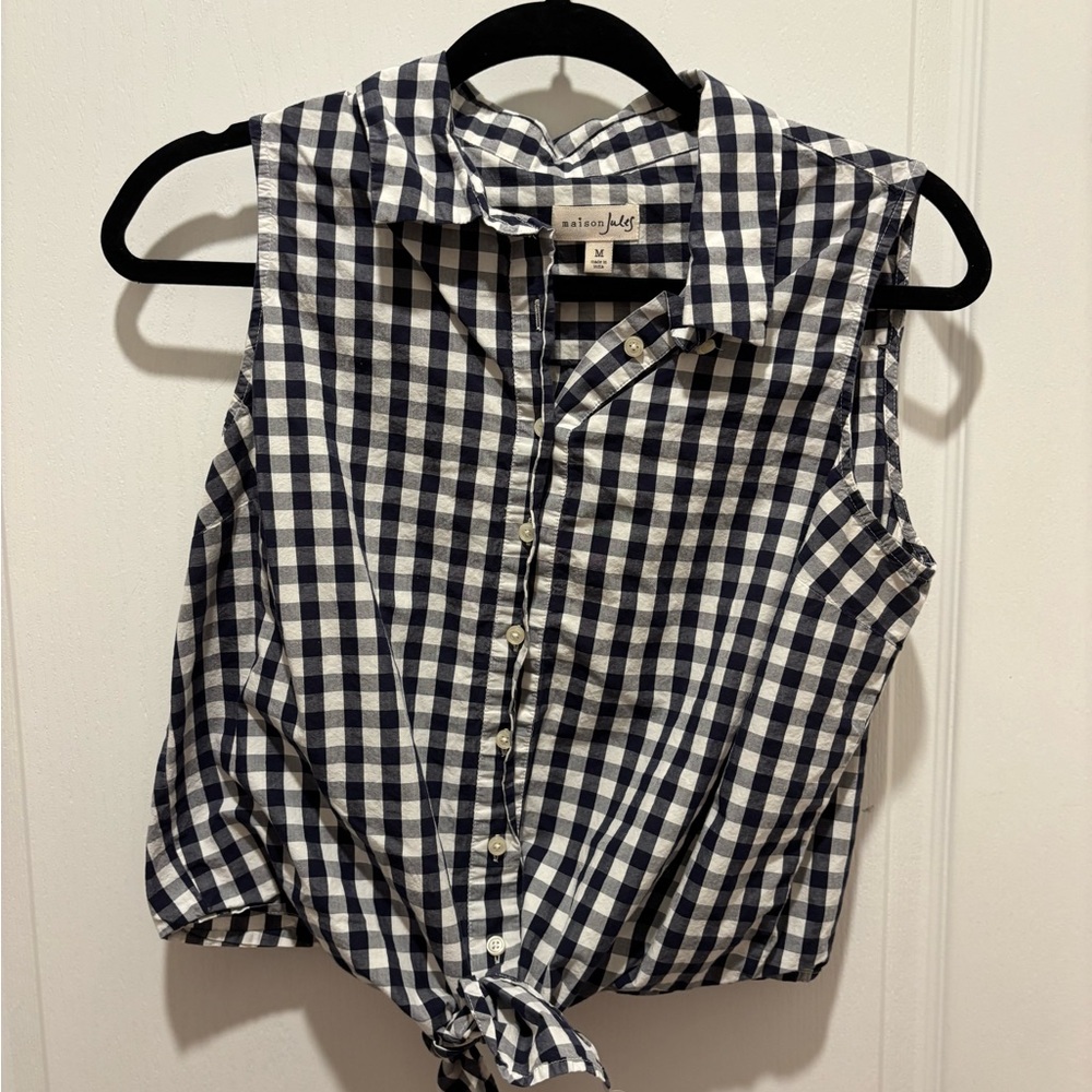 Maison Jules Blue and White Button Down Shirt with Tie Front